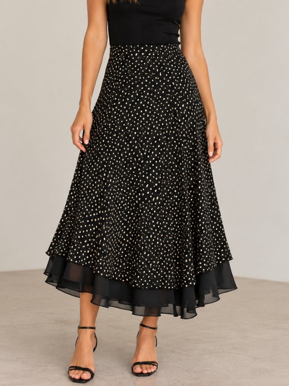 Jones New York 100% Silk Black Gold Polka Dot A-Line Midi Skirt Size 10